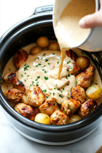 This image shows a velvety garlic Parmesan sauce being poured over golden-brown chicken and crispy potatoes in the pan, coating them in rich flavor.