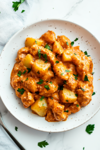 This image shows a perfectly plated serving of Garlic Parmesan Chicken Potatoes on a round white plate, covered in creamy sauce, melted cheese, and fresh garnishes, ready to be enjoyed.