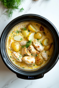 This image shows Garlic Parmesan Chicken Potatoes simmering in a creamy sauce, allowing the flavors to meld together while cooking to perfection.