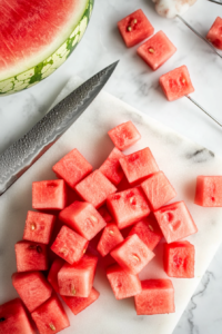This image shows freshly cut watermelon slices being arranged on a serving plate, ready to be seasoned with Tajín and garnished with fresh lime and mint.