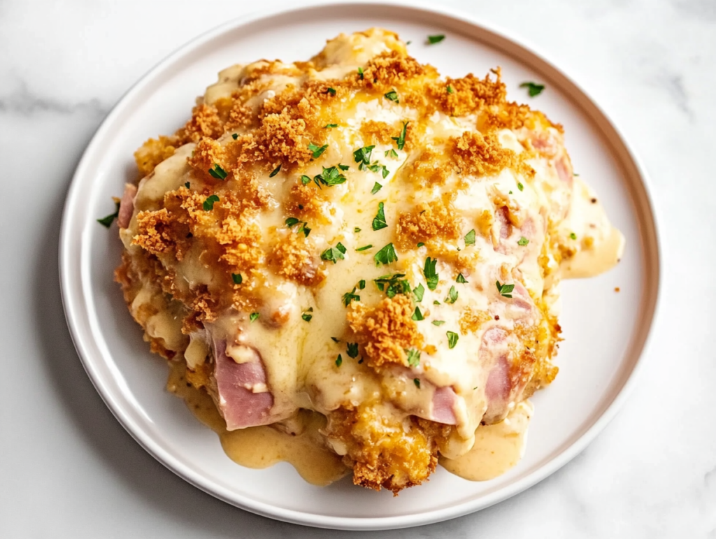 This image shows a serving of slow cooker chicken cordon bleu on a white round plate, with melted cheese and chopped cilantro on top for extra flavor.