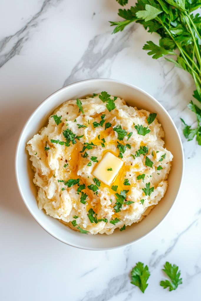 This image shows creamy buttermilk mashed potatoes made from Yukon Gold potatoes, served smooth and fluffy in a simple white bowl.