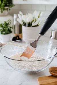This image shows the wet ingredients being poured into the bowl of dry ingredients, with a spatula folding the mixture together to form a smooth waffle batter.