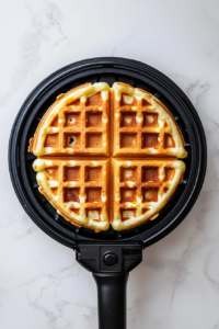 This image shows a waffle cooking inside an open waffle iron, turning golden brown as steam rises, signaling it is almost ready to serve.