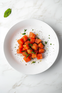 This image shows a beautifully arranged plate of watermelon slices, seasoned with Tajín, drizzled with fresh lime juice, and garnished with mint leaves, ready to be served as a refreshing summer treat.