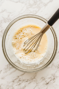 This image shows a glass bowl with eggs, milk, and melted butter being whisked together, creating the wet mixture needed for a light and fluffy waffle batter.