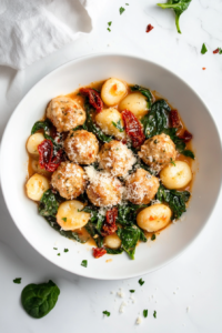This image shows a warm bowl of slow-cooked Tuscan chicken meatballs and gnocchi, garnished with fresh parmesan and herbs, ready to enjoy.