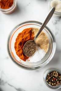 This image shows a small mixing bowl filled with a homemade dry seasoning blend, including lemon pepper, salt, and other spices, ready to coat the chicken wings with bold and zesty flavors.