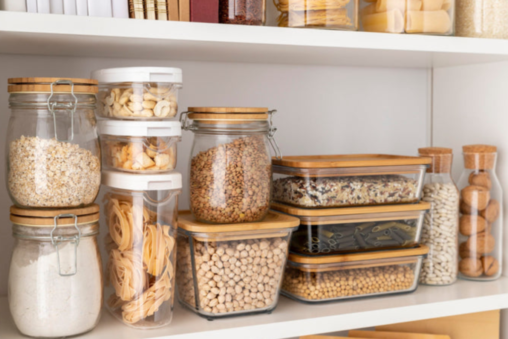 cereals-and-grains-stored-in-containers-on-kitchen-shelves