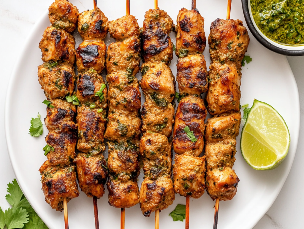 This image shows deliciously roasted Chicken Seekh Kababs on long skewers, golden brown and served on a white round plate, with a fresh lemon slice on the side for added flavor.