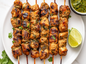 This image shows deliciously roasted Chicken Seekh Kababs on long skewers, golden brown and served on a white round plate, with a fresh lemon slice on the side for added flavor.
