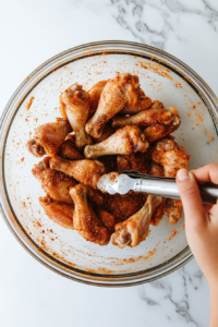 This image shows raw chicken wings being tossed in a large mixing bowl with the dry lemon pepper seasoning, ensuring each piece is evenly coated for a well-seasoned, flavorful bite.