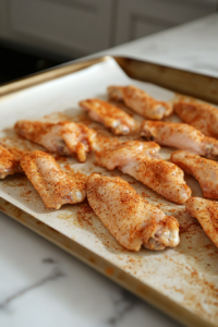 This image shows seasoned chicken wings arranged on a parchment-lined baking sheet, ready to be baked until golden brown and crispy while maintaining a juicy interior.
