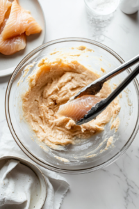 This image shows fish or chicken pieces being carefully dipped into the batter, ensuring each piece is fully coated before frying for a crispy texture.