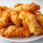 This image shows Crispy golden brown Long John Silvers-style battered fish and chicken pieces on a white plate, perfectly fried using the signature Long John Silvers Batter Recipe