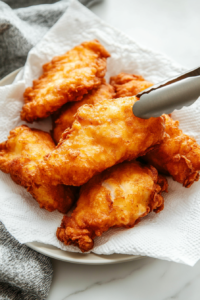 This image shows freshly fried fish or chicken being placed on a paper towel to drain excess oil, ensuring a light and crispy texture for serving.