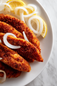 Fish Fry served on a plate with onions and lemon