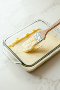 This image shows smooth, evenly spread dough in a baking dish, ready to be transformed into cheesy, golden-brown breadsticks.