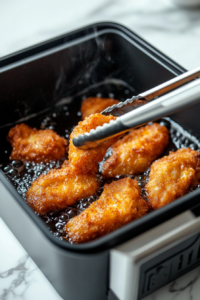 This image shows the fish or chicken pieces being deep-fried in hot oil, bubbling with heat, turning a beautiful golden brown as they cook to perfection.