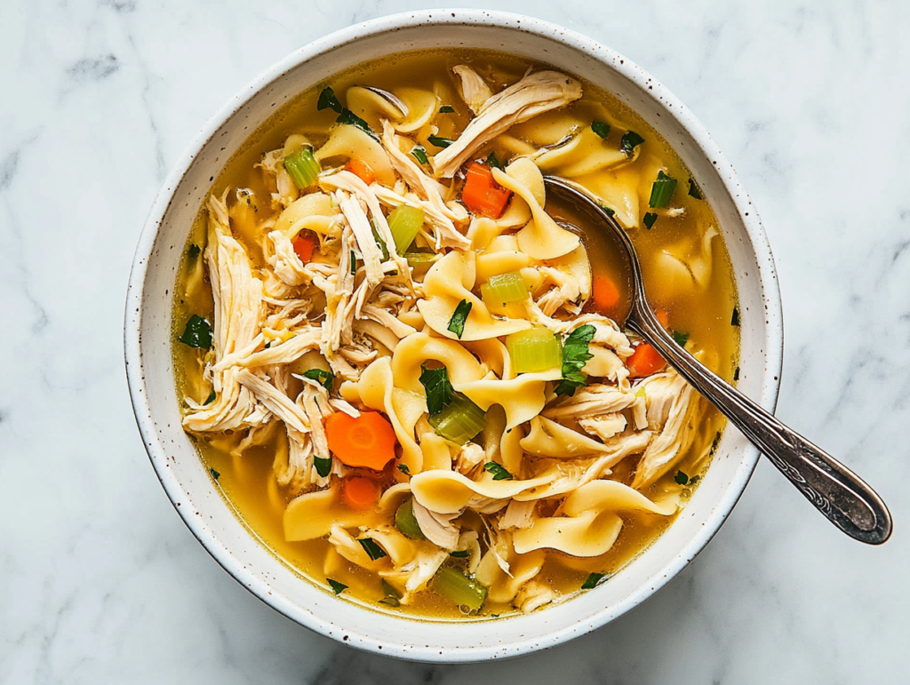 This image shows a comforting bowl of old-fashioned chicken and noodles, filled with tender shredded chicken, soft carrots, and celery, all simmered in a flavorful, homemade broth.