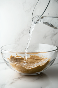 This image shows the wet and dry ingredients being mixed together to form a thick, smooth batter, which will coat the fish or chicken for a crispy finish.