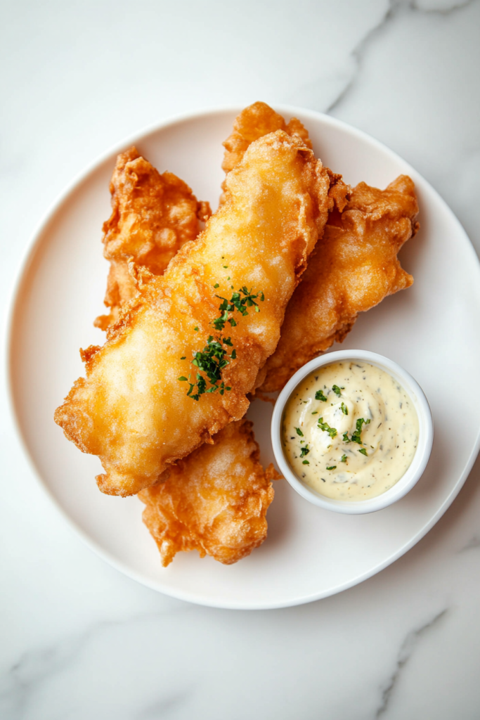 This image shows a crispy, golden-brown Long John Silver served alongside a flavorful dip, highlighting its crunchy texture and perfect golden color.