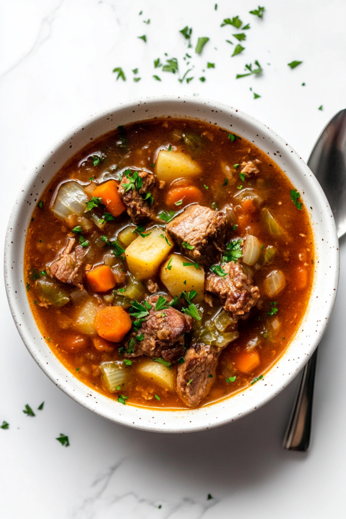 This image shows a steaming bowl of Irish stew, filled with tender lamb, vegetables, and a rich broth, ready to be enjoyed.