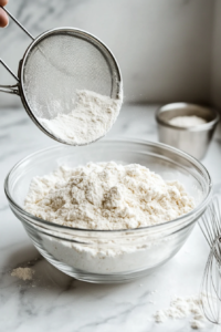 This image shows the process of sifting dry ingredients, such as flour and seasonings, to prepare a smooth and lump-free batter for the crispy fish or chicken.