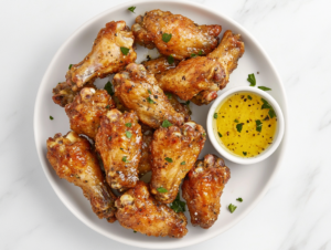 This image shows wet lemon pepper chicken wings arranged on a white round plate, glistening with a flavorful glaze and sprinkled with extra lemon pepper seasoning for a tangy and savory finish.