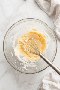 This image shows a whisk stirring the melted butter mixture, blending herbs, garlic, and seasonings for an aromatic topping.