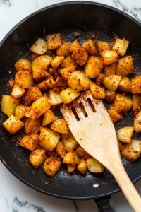 This image shows the diced potatoes being added to the skillet and generously seasoned with spices. Even seasoning ensures every bite is flavorful.