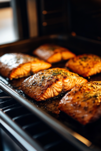 This image shows blackened salmon fillets inside the oven, sizzling as they bake to perfection with a flavorful and crispy exterior.