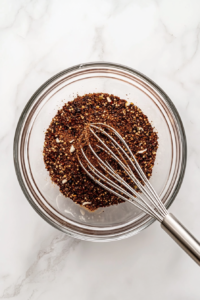 This image shows a bowl filled with a mix of bold blackening spices, carefully blended to create a flavorful coating for the salmon.