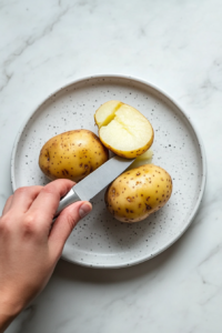 This image shows a fork piercing a potato to check its doneness. The potatoes should be tender but still firm enough to hold their shape before frying.