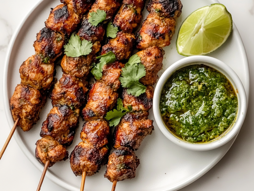 This image shows succulent Chicken Seekh Kababs threaded onto skewers, grilled to a crispy golden-brown exterior while remaining tender inside. A small bowl of chutney sits beside them, enhancing the smoky and spiced flavors.