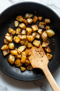 This image shows the potatoes sizzling in the skillet, turning golden brown and crispy. Stirring occasionally helps achieve an even crunch.