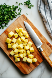 This image shows cooled, diced potatoes on a cutting board, ready to be fried. Allowing them to cool slightly helps them crisp up better in the pan.