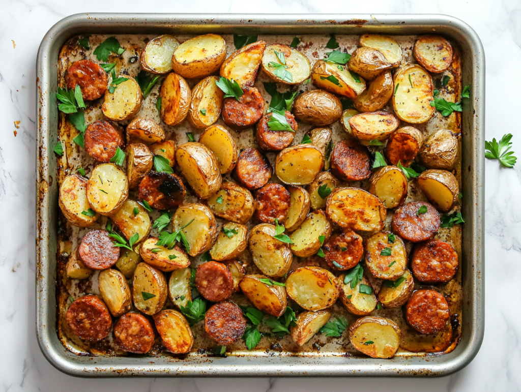 This image shows a rectangular dish filled with roasted potatoes and kielbasa, baked to a golden brown and topped with freshly chopped cilantro.