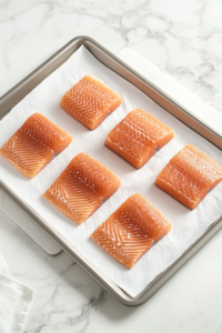 This image shows fresh salmon fillets being prepared, trimmed, and arranged, ready to be seasoned for a delicious blackened finish.