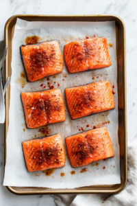 This image shows salmon fillets being coated with a rich blackening spice blend, ensuring a flavorful and perfectly seasoned crust.