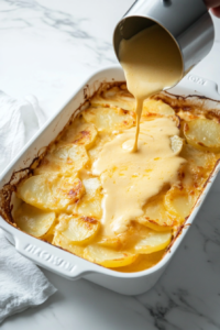 This image shows a luscious, golden cheese sauce being poured over the carefully layered potatoes, ensuring every slice is coated in creamy goodness.