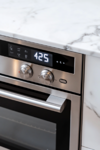 This image shows an oven being preheated to the ideal temperature for baking blackened salmon, ensuring an even cook and crispy exterior.