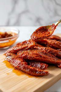 paste being spread evenly over each fish piece with a spoon