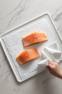 This image shows a fresh salmon fillet being rinsed under water and gently patted dry with a paper towel to ensure even searing.
