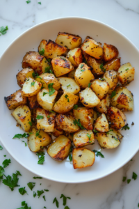 This image shows a final plate of golden, crispy breakfast potatoes garnished with fresh cilantro, ready to be served. The perfect balance of crispy edges and tender centers makes this a breakfast favorite.