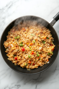 This image shows the rice simmering in the chicken broth, allowing the flavors to meld and the rice to absorb all the goodness.