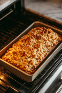 This image shows the bread baking in the oven, developing a golden-brown crust while filling the kitchen with a sweet aroma.