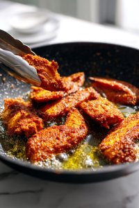three marinated fish pieces gently placed in the hot oil