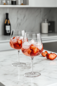 This image shows a top-down view of Strawberry Party Punch being served in elegant glasses, each garnished with fresh strawberry slices for a festive and refreshing drink.