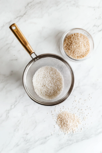 Bomba rice is being washed under cold water to remove excess starch and ensure a light and fluffy texture once cooked.